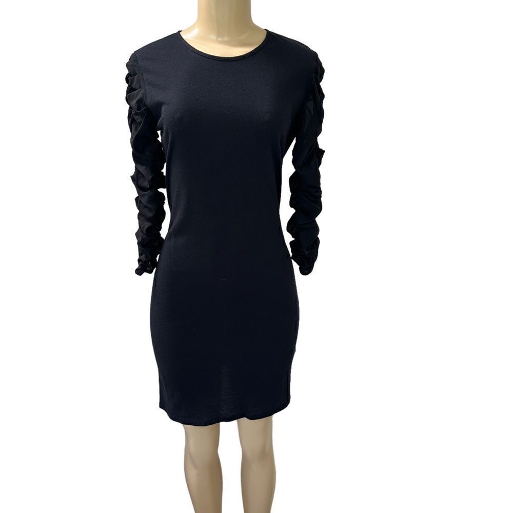 Designer Susan Woo organic cotton long ruched sleeve mixed media black dress 4